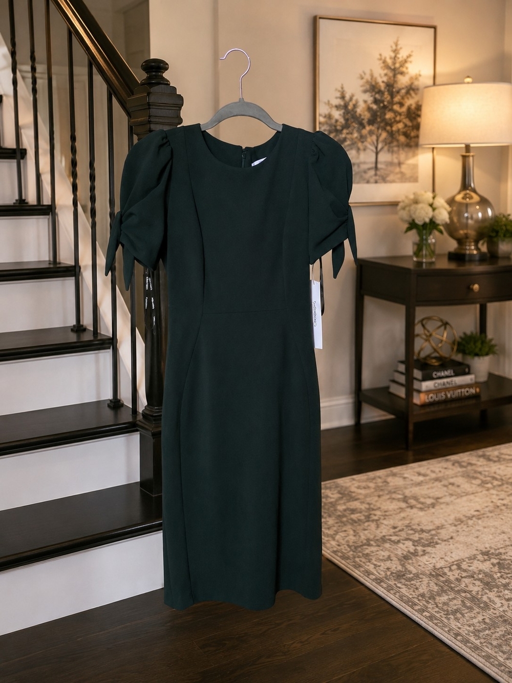 Calvin Klein Dark Green Midi Dress with Puff Sleeves